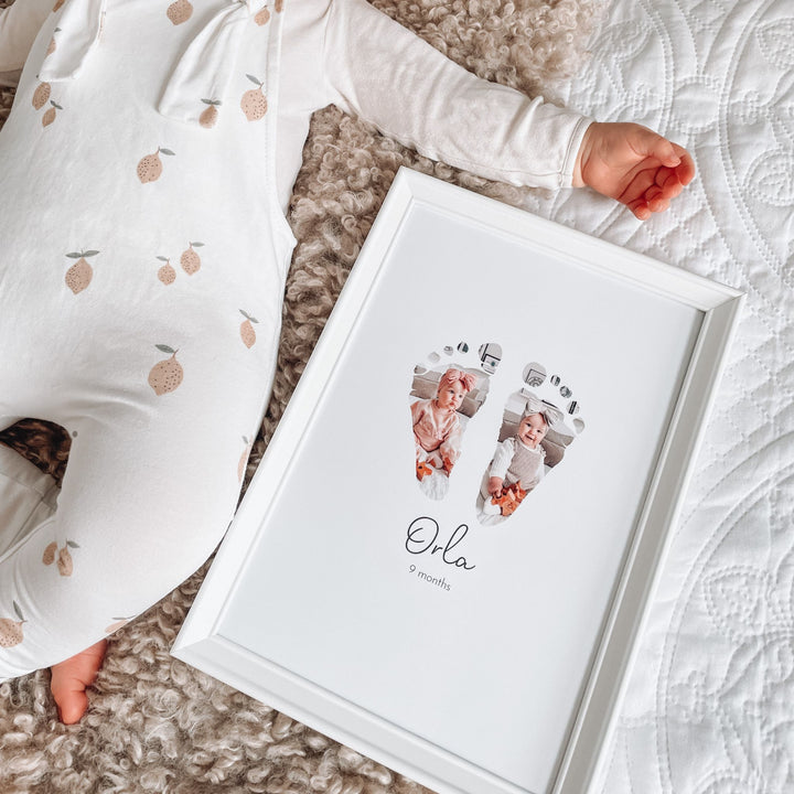 Personalised baby footprint kit. 2 baby footprints have been made into a custom keepsake by incorporating the baby’s photo’s inside the foot prints!