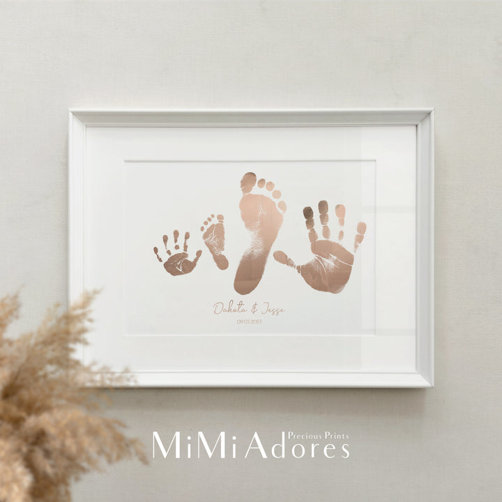 Sibling handprint and footprint keepsake. The sibling hand and footprints are treasured in real foil.