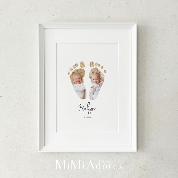 Toddler footprint art. The baby's foot prints has photos of the baby incorporated inside the feet to make a unique and personalised keepsake.