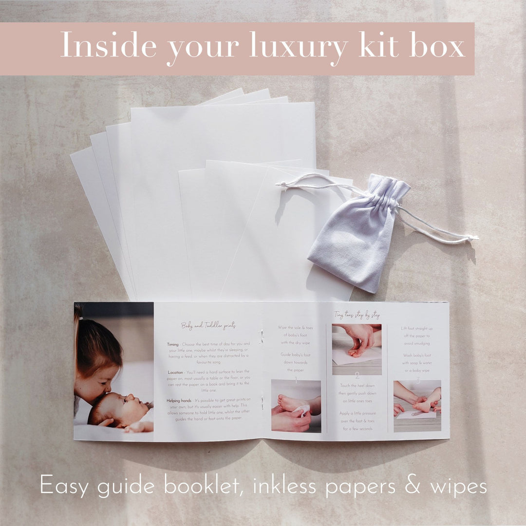 The inkless hand and footprint kit includes an easy guide book for how to take baby prints, inkless papers and inkless wipes, which are toxic and safe to use from birth.