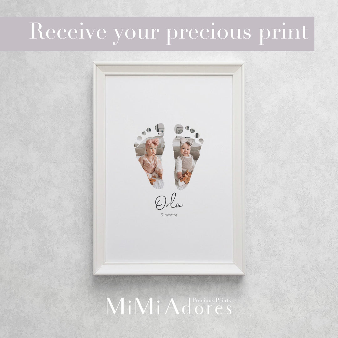 Baby footprints have been transformed into a piece of artwork, displayed in a white wooden frame. These cute baby feet have photos of the baby expertly incorporated inside the baby foot prints to make a personalised keepsake.