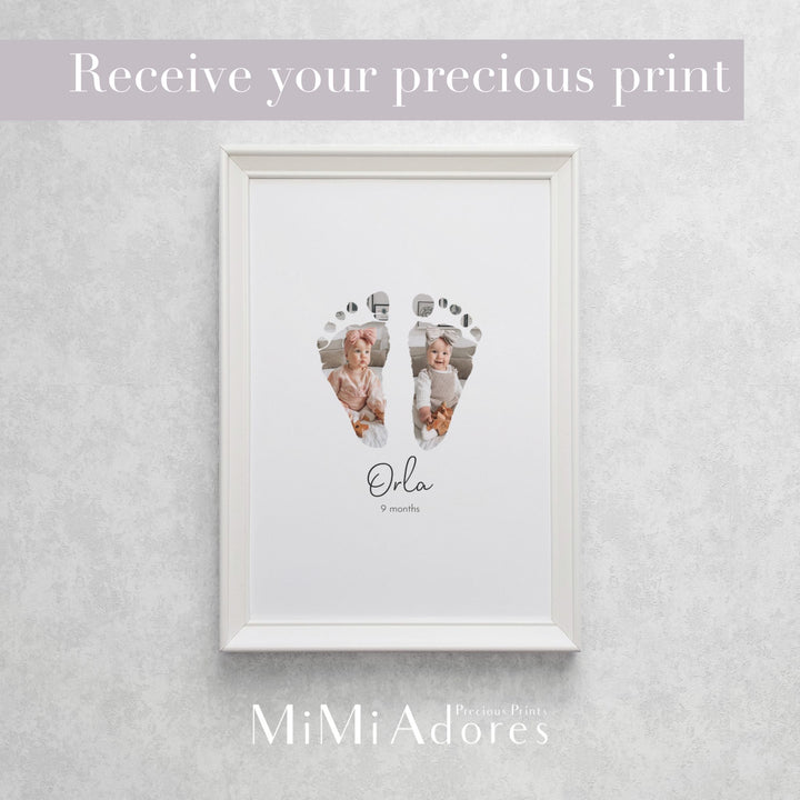 Baby footprints have been transformed into a piece of artwork, displayed in a white wooden frame. These cute baby feet have photos of the baby expertly incorporated inside the baby foot prints to make a personalised keepsake.