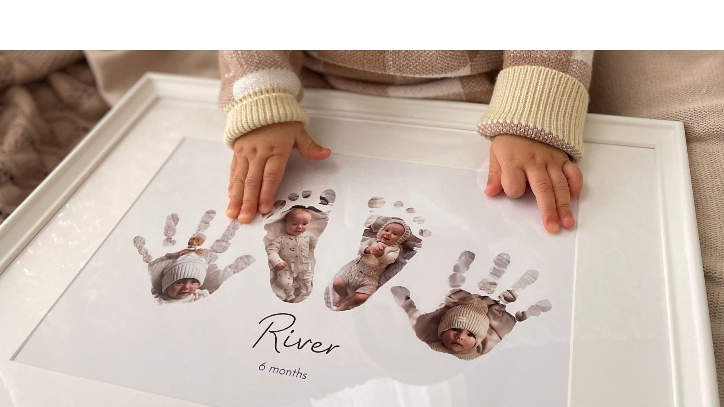 A baby's hands are shown holding their personalised handprint and footprint keepsake. Photo of the baby have been expertly incorporated inside their hand and footprints.
