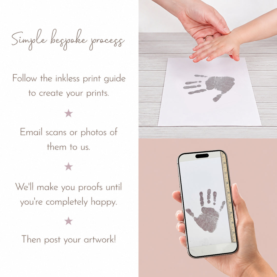 A promotional collage for a custom inking/print service. The left side has text describing a simple bespoke process, and the right side shows a child&